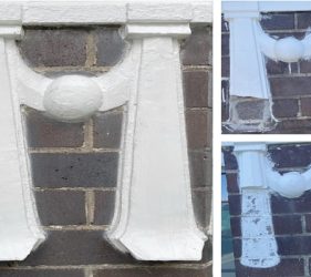 Collage showing broken and missing architectural medallions alongside a fully restored medallion at Edgecliff strata property by Platinum Painting