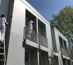 Two Platinum Painting professionals applying Dulux Weathershield paint to the prewashed facade of a strata townhouse in Crows Nest.