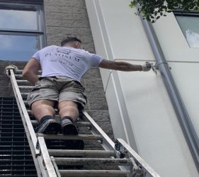 Painter on ladder cutting in walls using Dulux Acratex Acrashield