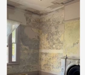 Dulwich Hill bedroom before restoration showing blown plaster, damaged timber, and deteriorated ceiling