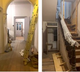 Before painting – hallway and staircase at Dulwich Hill showing worn walls and timber surfaces