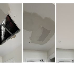 Side-by-side collage showing ceiling gyprock patch repair before, during, and after by Platinum Painting's handyman team