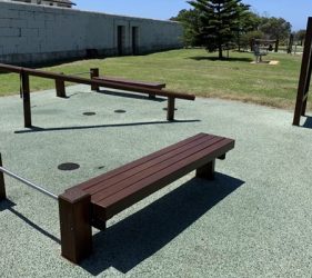 Completed staining of timber seating at Christison Park Outdoor Gym, Vaucluse.