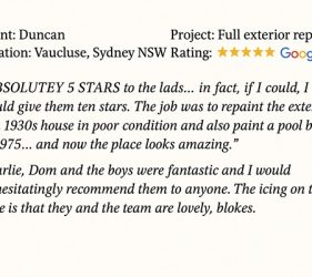 5-star Google review from a Vaucluse client praising exterior repaint and pool restoration of a 1930s home by Platinum Painting