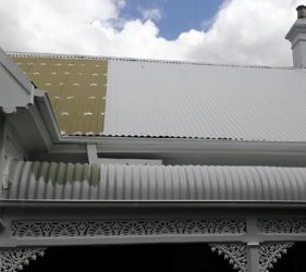 Colorbond roof at 42 Cowles Rd, Mosman with 90% painted in Dulux Shale Grey, showing the transformation against the original faded roof.