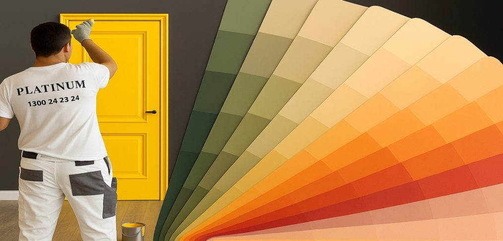 A professional painter in white uniform holding a brush, standing beside a yellow door and paint swatches, providing colour consultation in a home setting