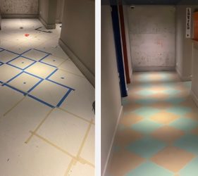 Before and after epoxy floor painting at the Clock Hotel in Surry Hills showing taped layout and final patterned finish
