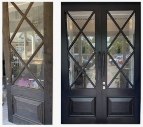 Double front doors of the Forestville house coated in Black Japan stain for a high-end finish