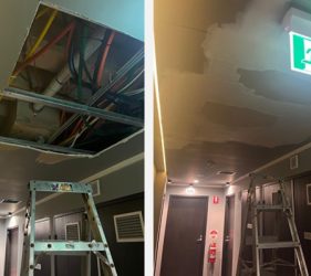 Collage image showing the before and during stages of gyprock patch repair at a Paddington strata property, with cut-out damage and the partially restored ceiling.