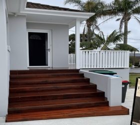 Finished staining of residential timber entrance steps in Sydney.