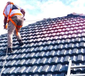 Roof painter spraying a steep tiled roof while secured with a safety harness in Forestville, Sydney.