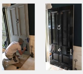 Before and after comparison of a gloss black painted front door at a Surrey Hills home.